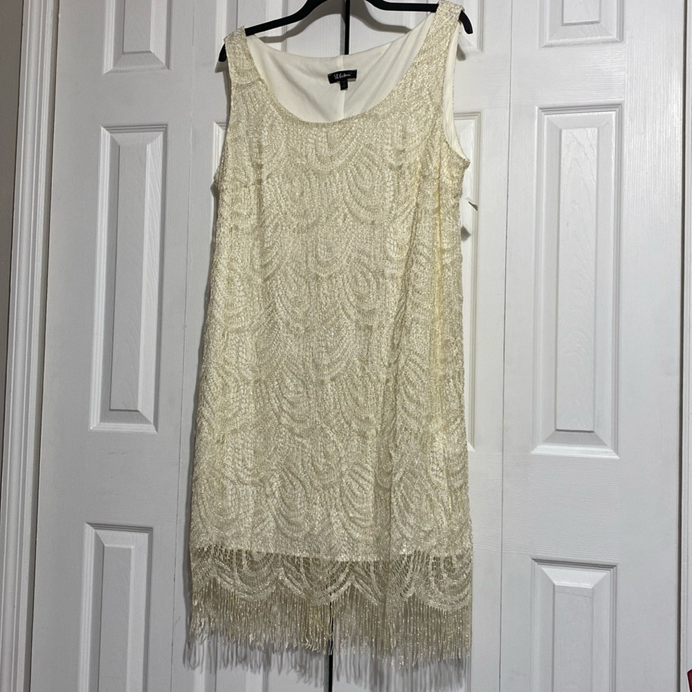 SL Fashions cream & metallic gold lace fringe shift dress size 22